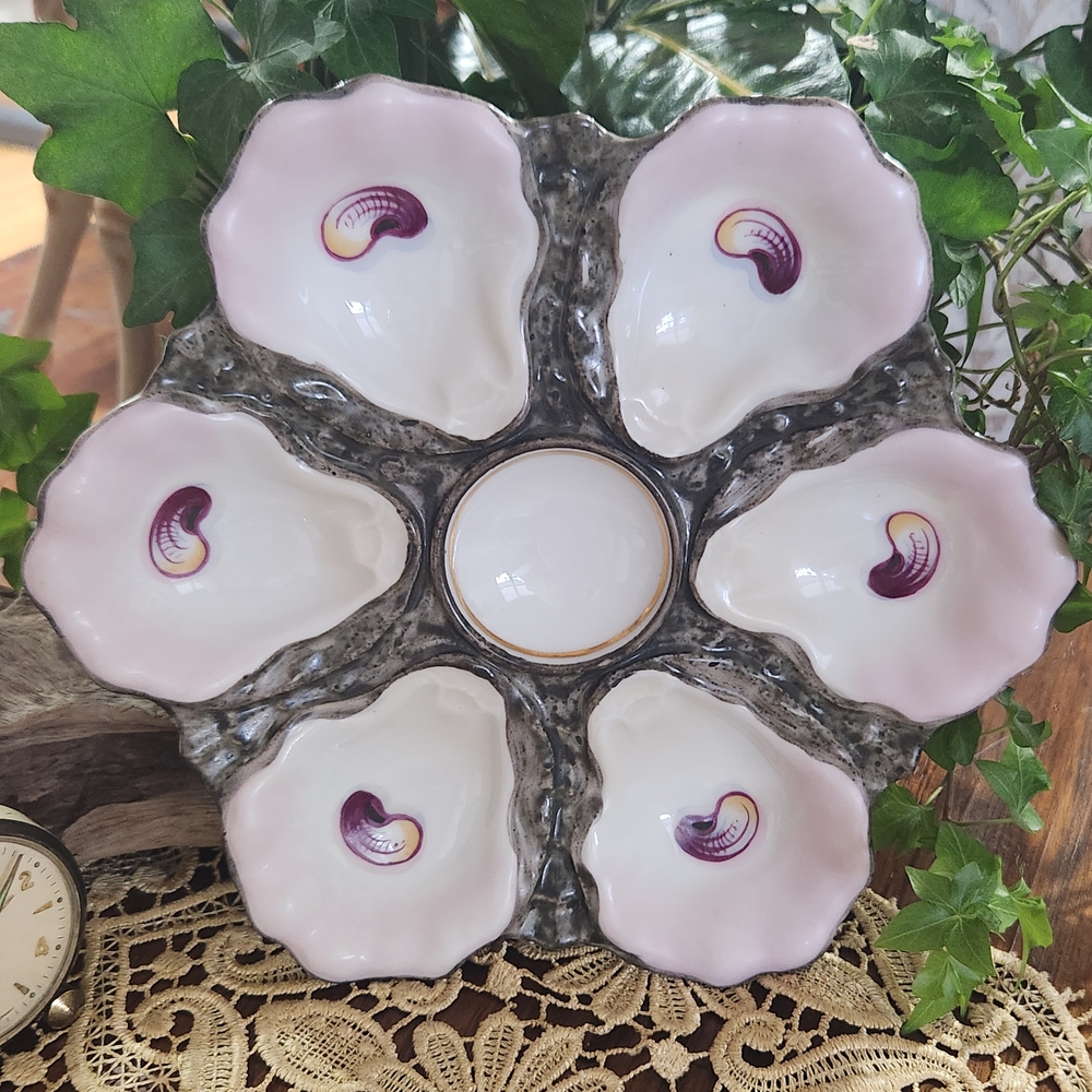 Antique French Oyster Plate Pink Majolica Porcelain Hand Painted Stamped A34